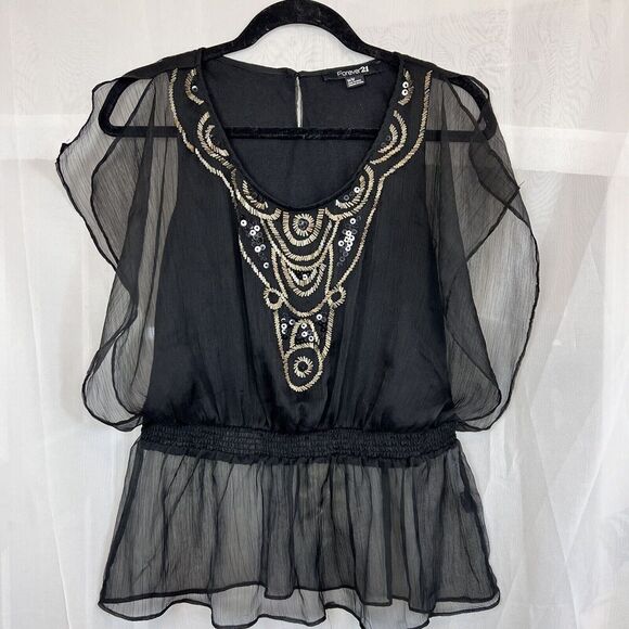 vintage y2k Forever 21 boho chiffon blouse Md embellished beaded whimsygoth - Picture 1 of 7